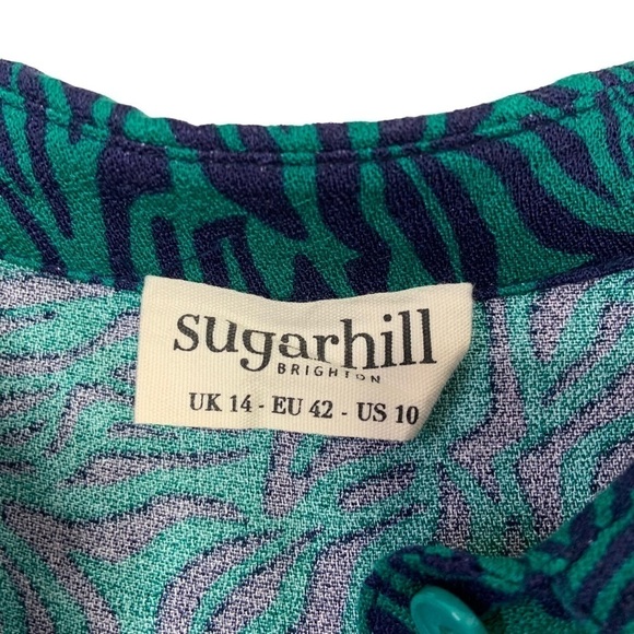 Sugarhill Brighton Animal Print Button Up Shirt Sz 10 Green Blue Long Sleeve - Picture 7 of 7